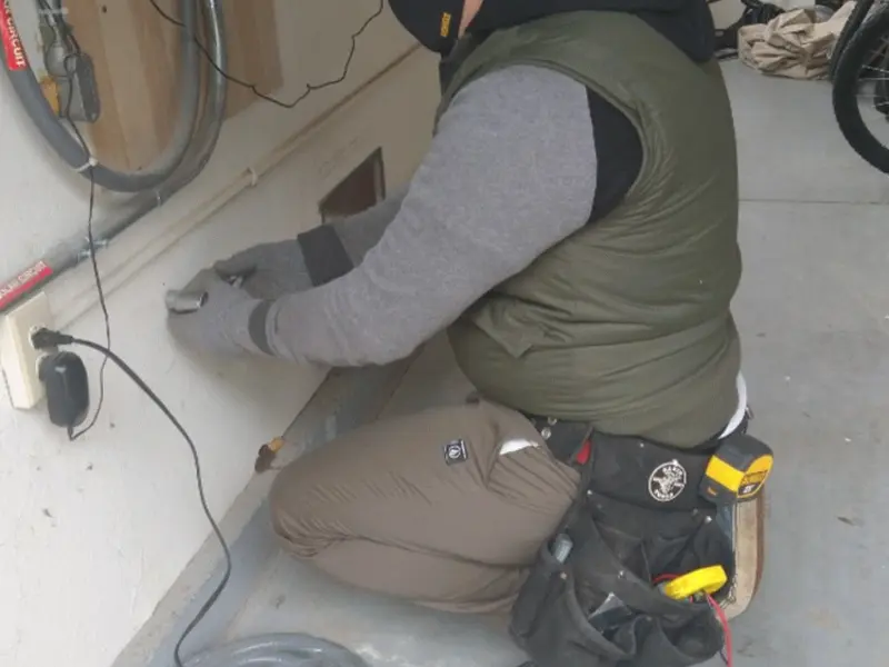 Electrician performing outlet wiring in a Alton garage